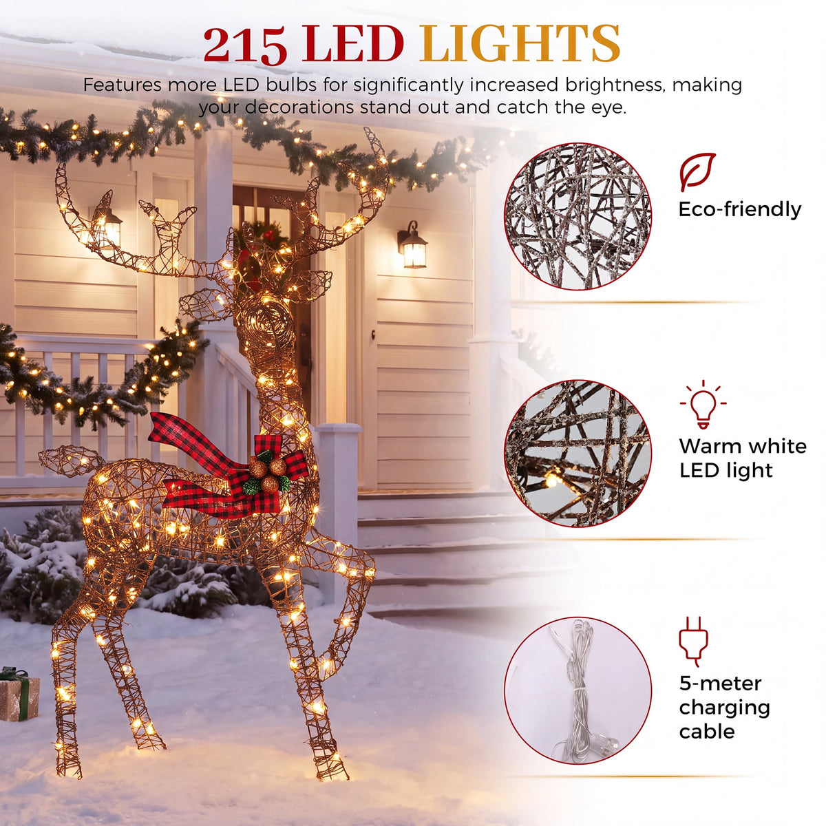 FOOWIN 3-Piece Large Christmas Deer Family, Lighted Outdoor Christmas Decoration, Champagne Gold