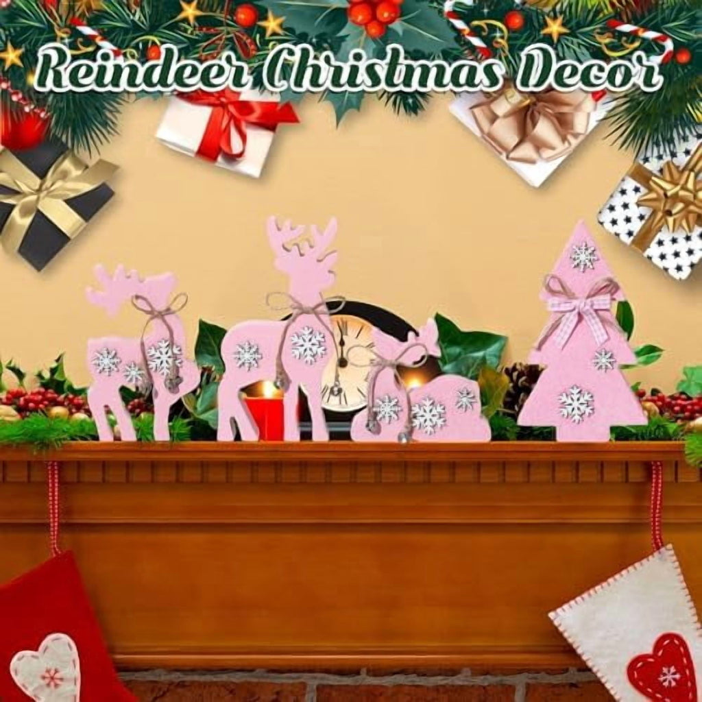 Christmas Reindeer Tabletop Decorations 4 Piece Wooden Reindeer and Christmas Tree Centerpieces Pink