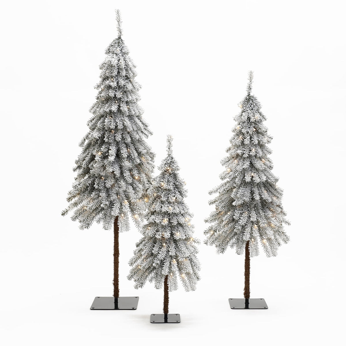 LuxenHome 3-Piece Snow-Flocked Sweeping Branches Artificial Tree Set with Battery Operated Lights