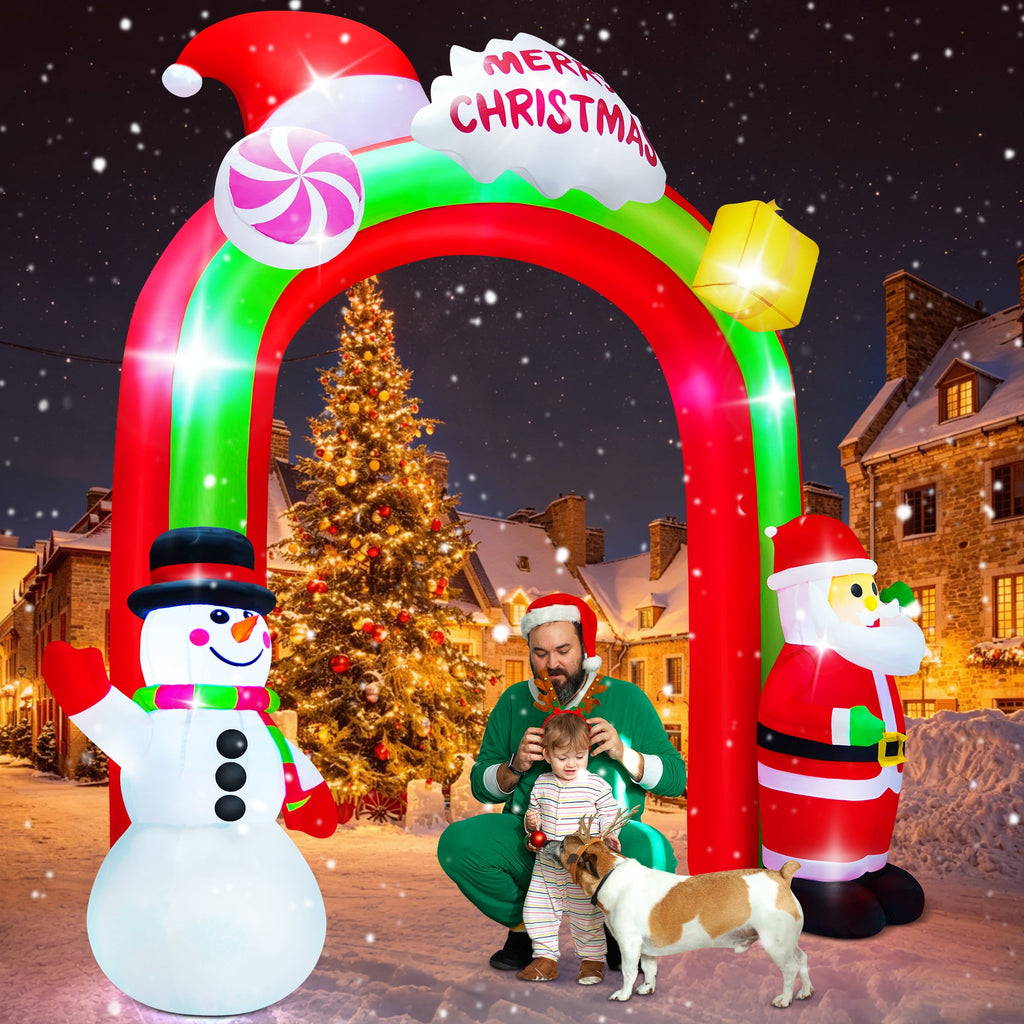 Yexmas 8FT Christmas Inflatable Archway,Christmas Blow Up Yard Decorations with Santa Claus and Snowman,Outdoor Christmas Decorations with Bow LED Lights