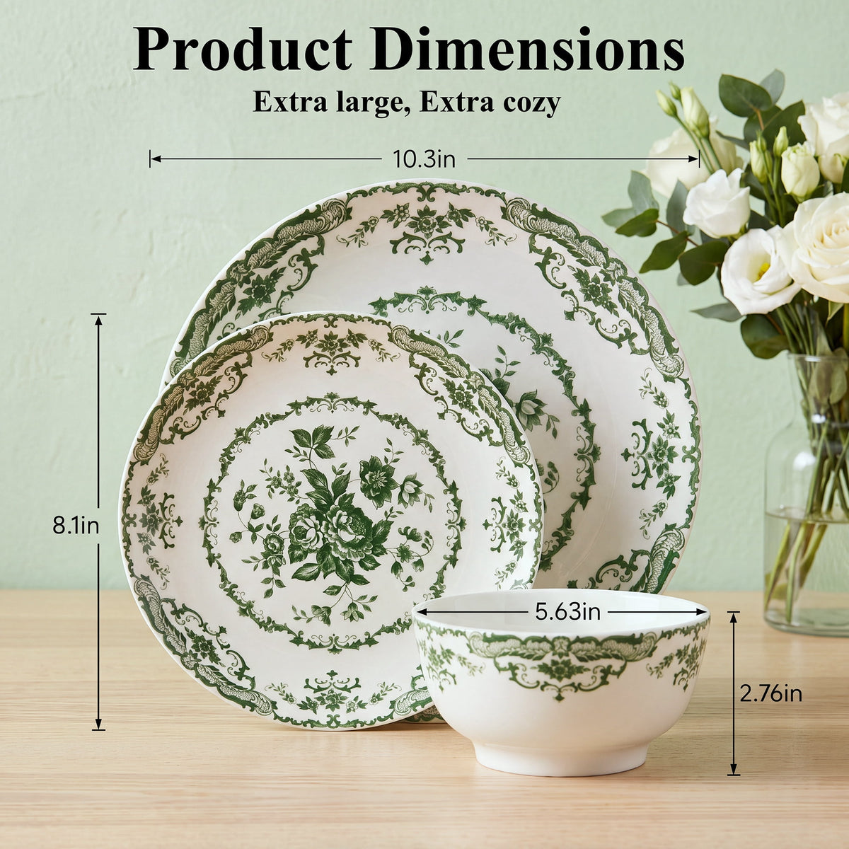 Onader 12 Piece Tableware Set, Rose Floral Dinnerware Set for 4, Ceramic Plates and Bowls Sets for Home Kitchen Restaurant, Scratch Resistant & Microwave Safe, Red
