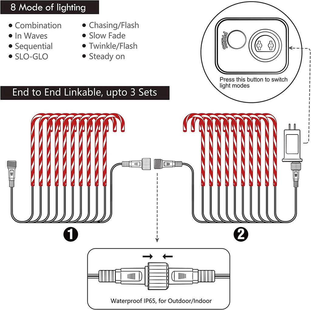 Christmas Candy Cane Lights 21 inch 10 Pack 8 Lighting Modes Flickering Candy Cane Pathway Marker Outdoor Indoor Waterproof UL Listed Christmas Lighting Decoration Light