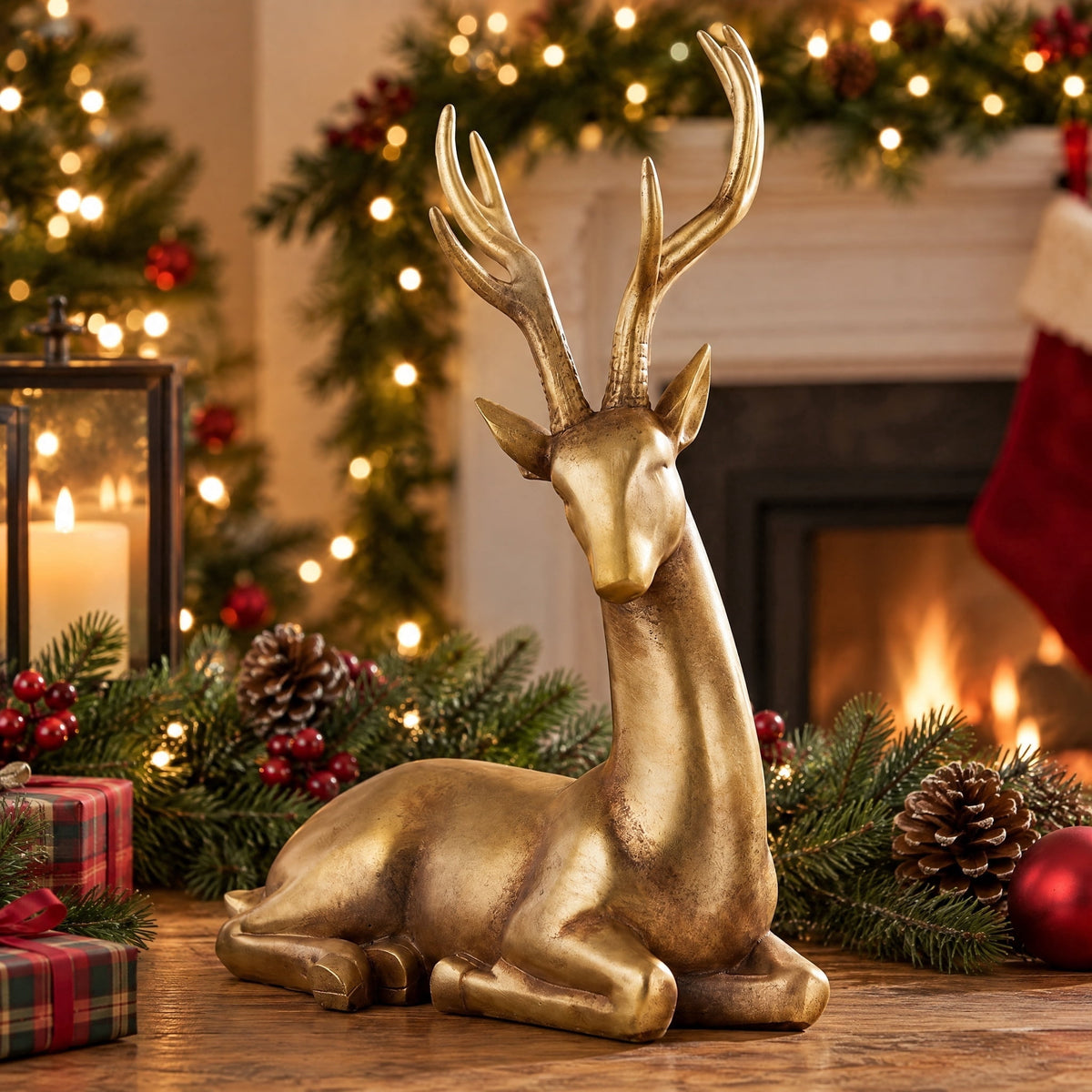 My Texas House Sitting Deer Christmas Decoration, Gold, 11"