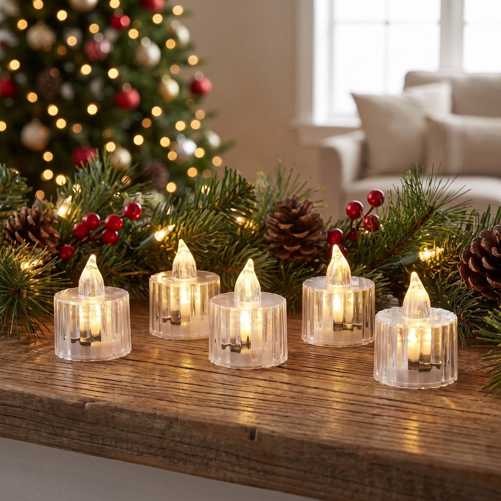 Indoor Battery-Operated LED Plastic Flameless Christmas Tealight Candles, Clear, 2", 6 Count, by Holiday Time