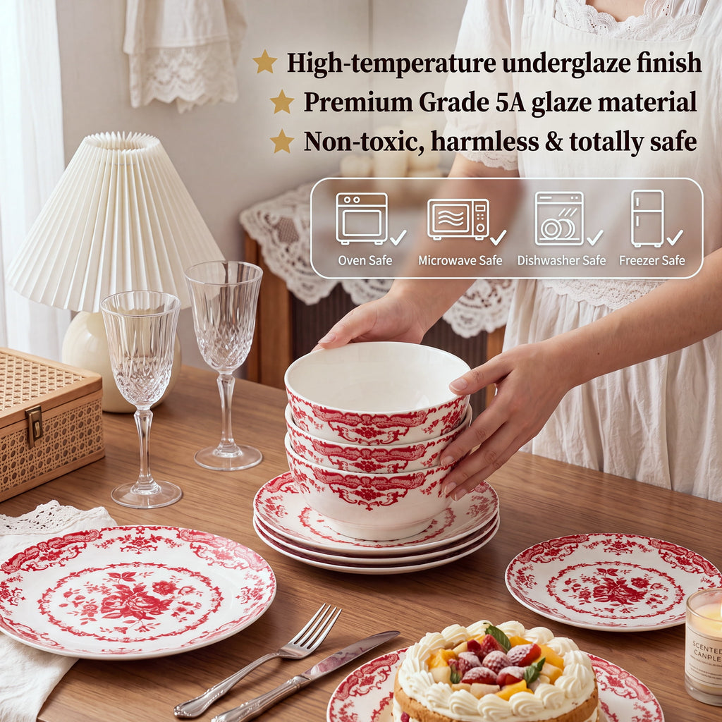 Onader 12 Piece Tableware Set, Rose Floral Dinnerware Set for 4, Ceramic Plates and Bowls Sets for Home Kitchen Restaurant, Scratch Resistant & Microwave Safe, Red