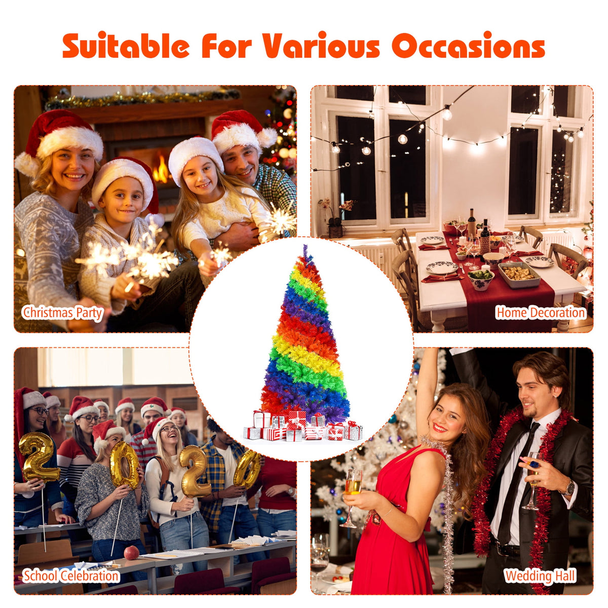 Gymax 7 ft Colorful Rainbow Hinged Christmas Tree Holiday Decor w/ Metal Stand
