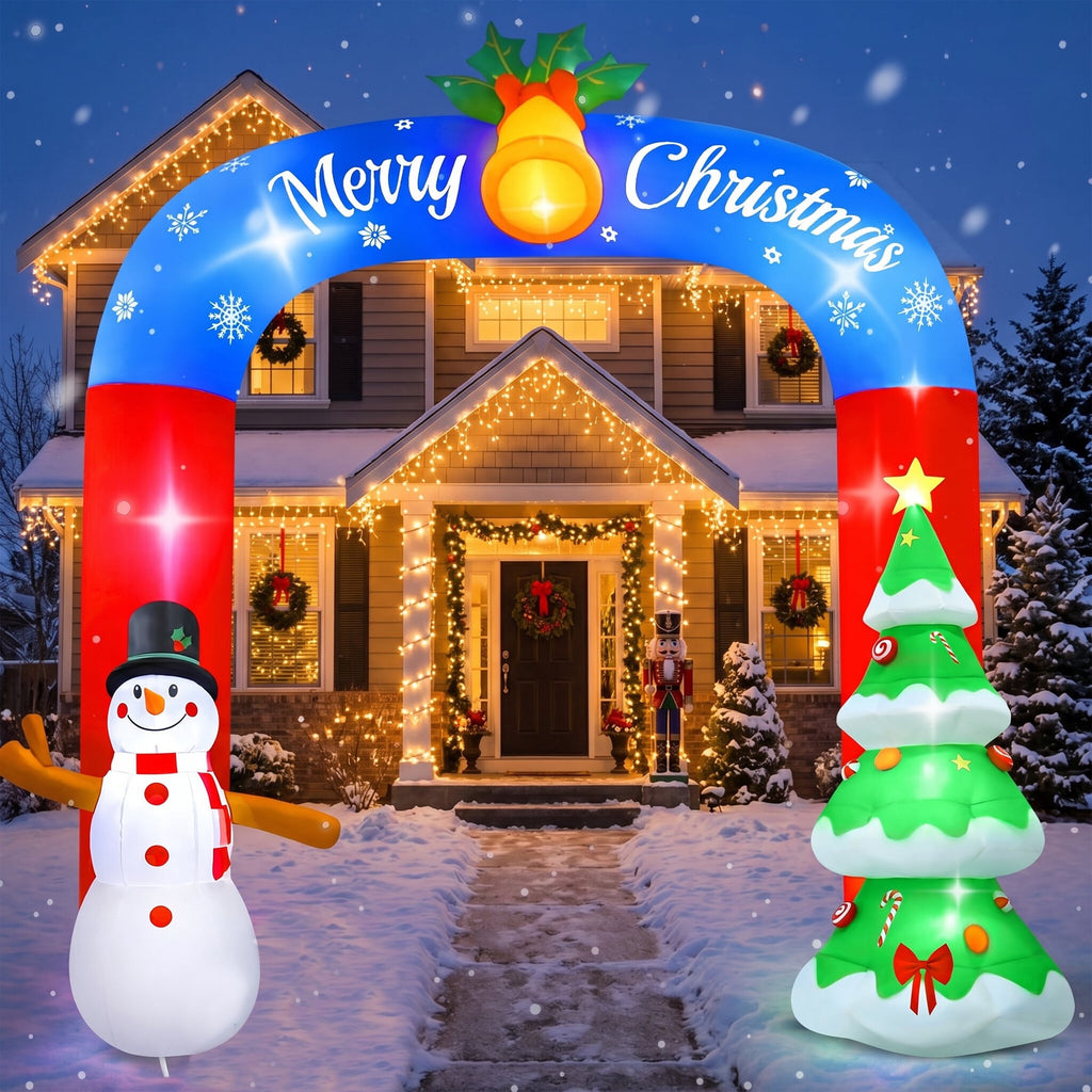 Yexmas 8FT Christmas Inflatable Archway,Christmas Blow Up Yard Decorations with Santa Claus and Snowman,Outdoor Christmas Decorations with Bow LED Lights