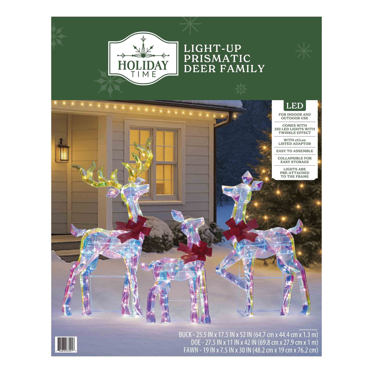 Indoor/Outdoor Light-Up Prismatic 2D Deer Family Christmas Decoration with 250 LED Lights, Cool White, Set of 3, by Holiday Time