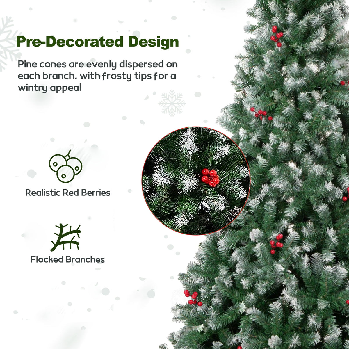 6FT Pre-Decorated Artificial Christmas Tree w/ 800 PVC Branch Tips, Red Berries for Home Office Party Decoration, Partially Flocked Design Xmas Trees w/ Dense Branches & Metal Stand