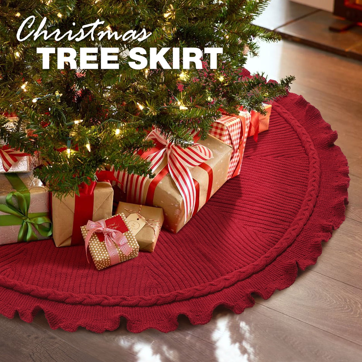 Ayieyill Christmas Tree Skirt, 48 inches Cable Knit Knitted Thick Rustic Xmas Tree Skirts Decoration, Red Tree Skirt Christmas Decoration, Burgundy