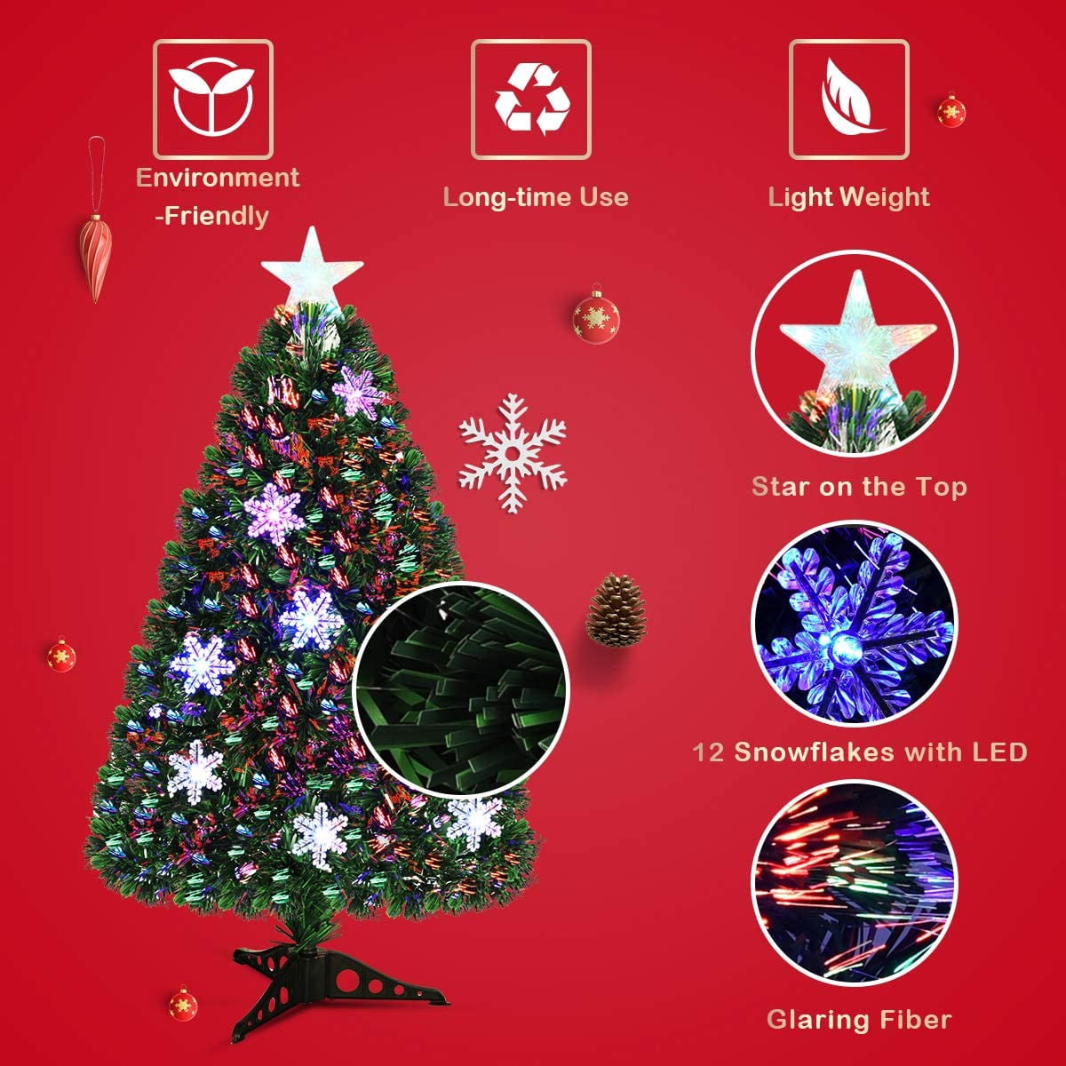 Topbuy 3'Artificial Christmas Tree Pre-Lit LED and Fiber Optic w/ Snowflakes