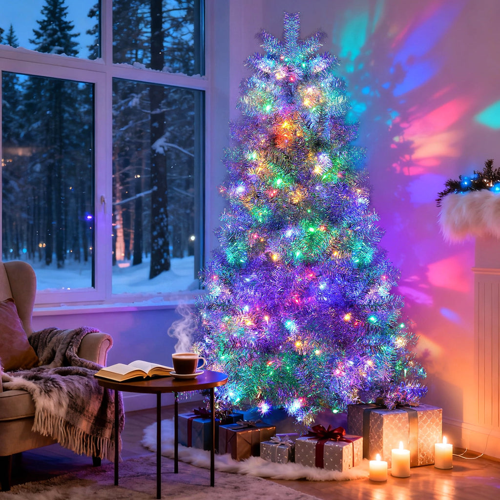 6ft Artificial Christmas Tree, 180 lED Christmas Tree with Metal Stand, Green Xmas Trees Seasonal Holiday Decoration Tree