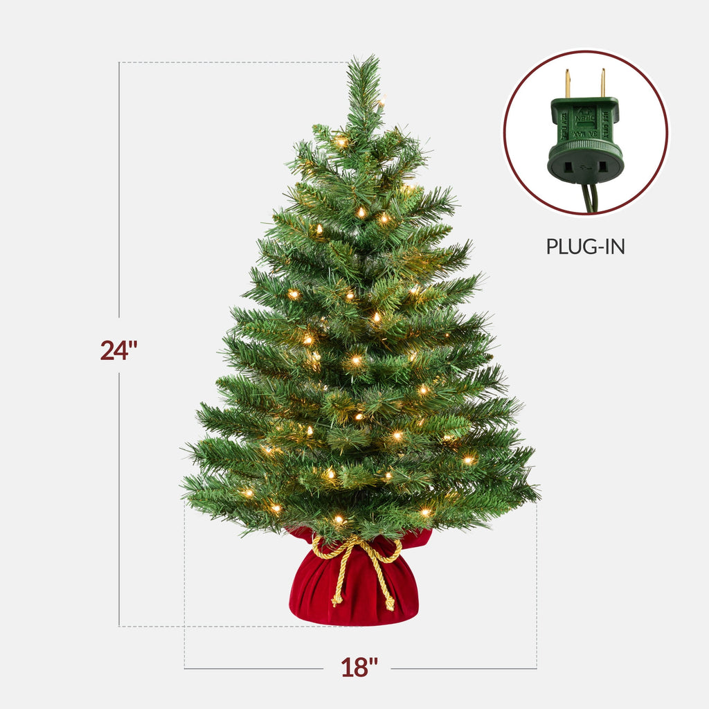 Best Choice Products Pre-Lit 24inch Tabletop Christmas Tree, Small Holiday Artificial Desktop Decor w/Warm White Lights, Red Velvet Cover