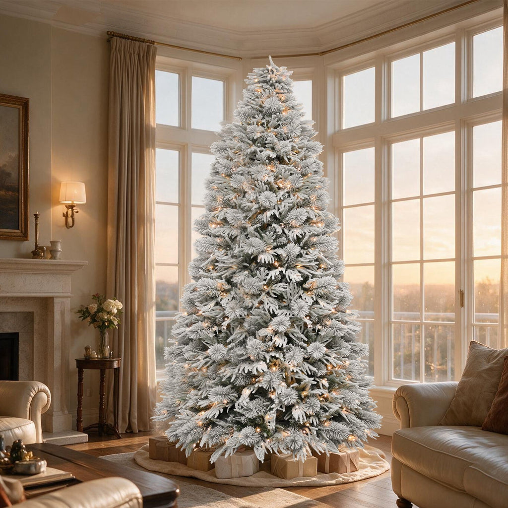 VIVATREES 7.5FT Premium Flocked Christmas Tree 550 Multi-Color LED Lights 5490 PVC PE Hinged Branch Tips Pre-Lit Artificial Xmas Pine Needles Metal Base for Home Office Holiday Decor