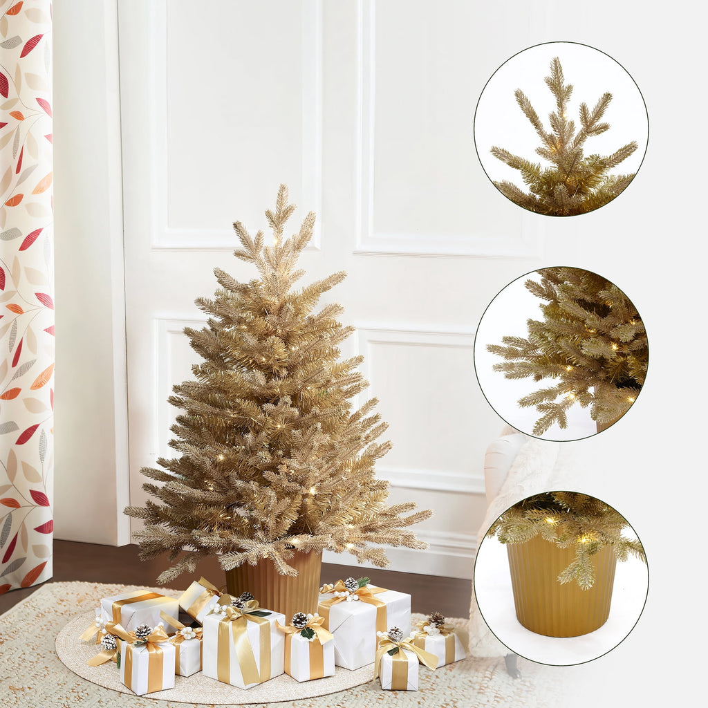 3Ft Gold Branches Artificial Christmas Tree with Battery-Op Lights & Gold Pot