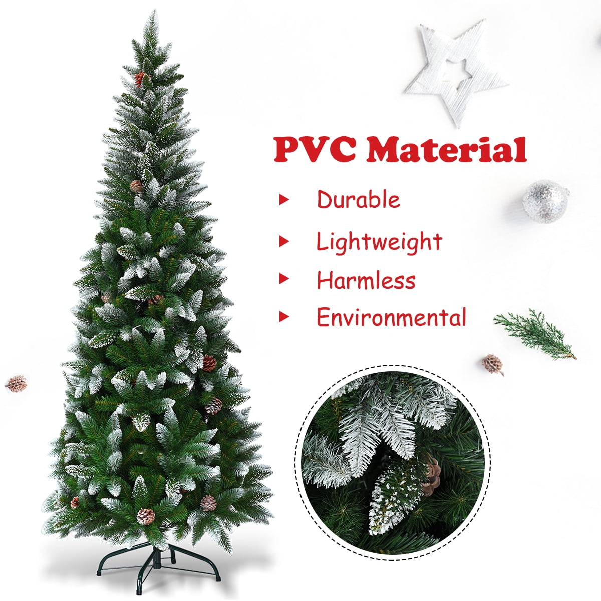 Gymax 5ft Snow Flocked Pencil Christmas Tree Classic Realistic PVC Needles W/Pine Cones