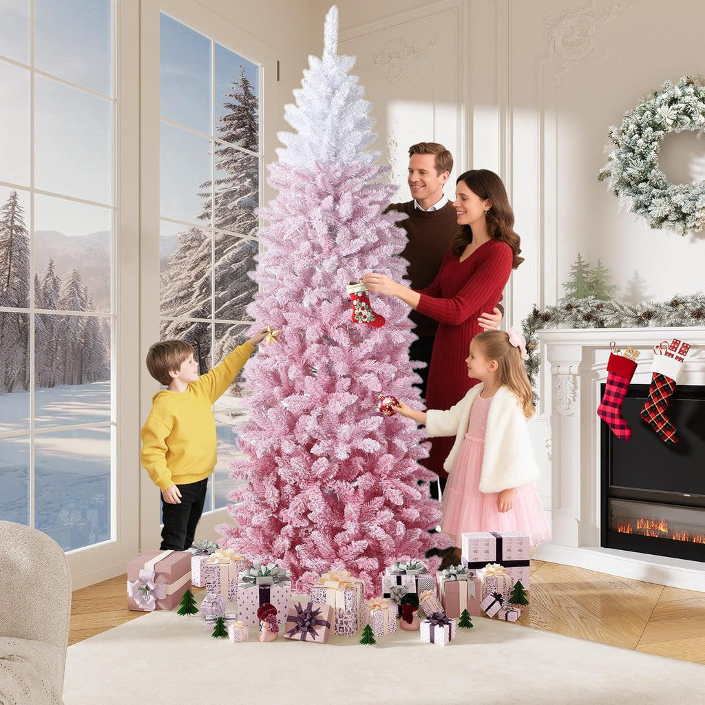 4.5/6/7.5/9 ft Flocked Pencil Christmas Tree with 100 Lights, Pre Lit Tall Skinny Christmas Tree with PVC Branch Tips, Premium Hinged Xmas Tree with Metal Base, Slim Artificial Christmas Tree