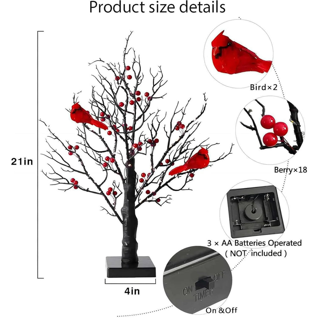 Vintage Glowing Tree with Cardinals, 21 in Little Red Bird Tree Light, New LED Mini White Birch Tree with Berries, Indoor Office Decor for Christmas, Halloween