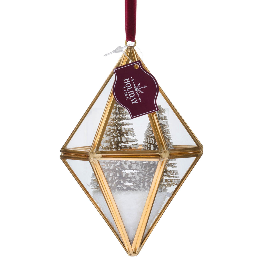 Gold Metal and Glass Diamond with Snow-Flocked Trees Christmas Ornament, 5.3", by Holiday Time