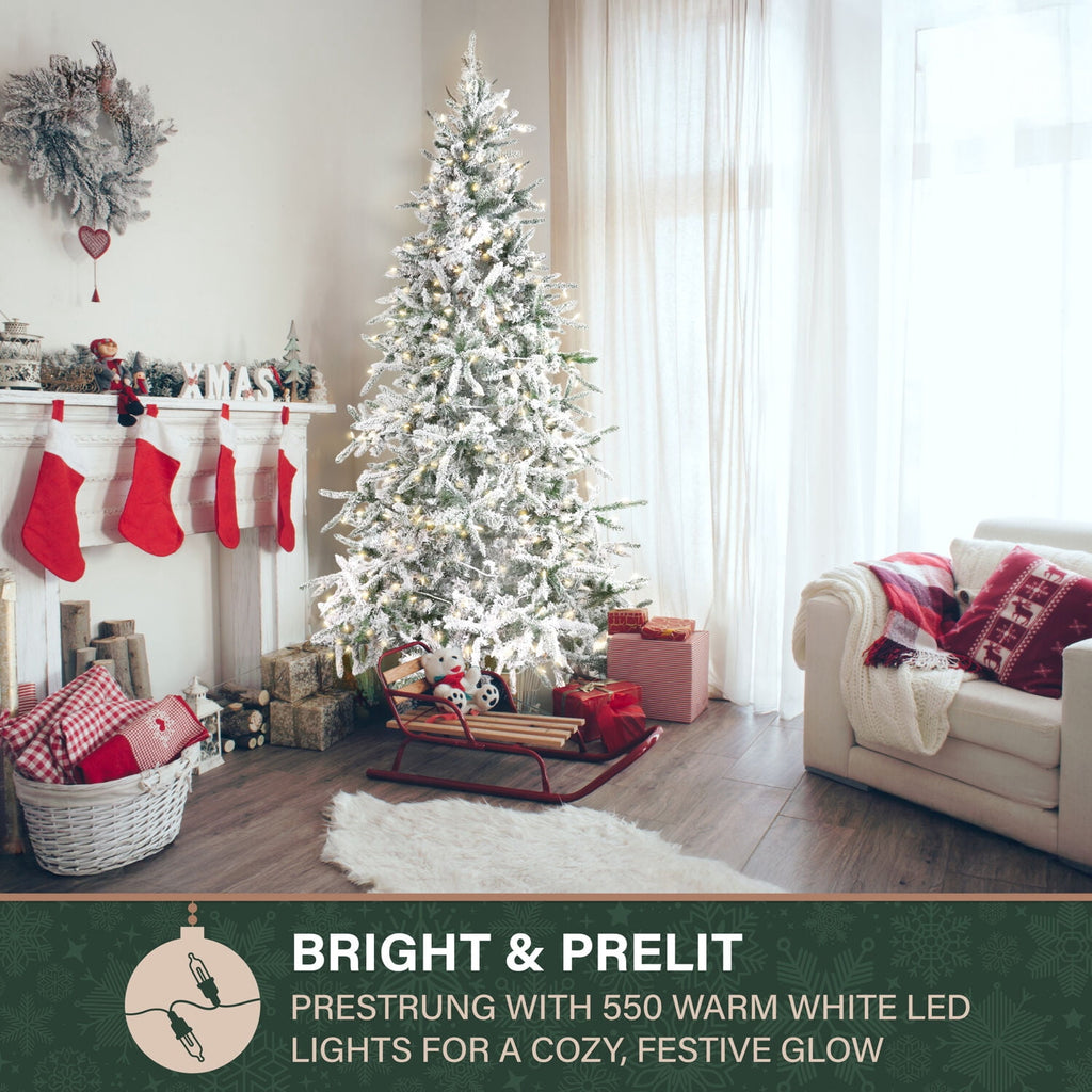 Fraser Hill Farm 6.5-Ft Flocked Mountain Pine Artificial Christmas Tree with Warm White LED Lights, FFMP065-5SN