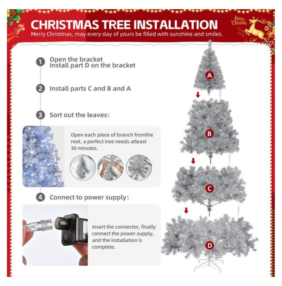 8ft Pre-Lit Silver Christmas Tree, 1350 Tips, 500 Lights, Hinged Xmas Pine Tree with Remote, Indoor Holiday Decorations