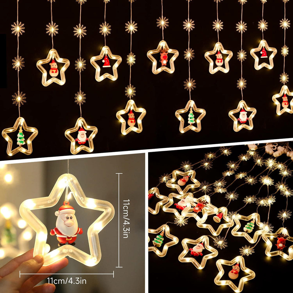 WILLED Christmas String Lights, 120 LED Window Curtain Lights with Christmas Ornaments, 9.8ft USB Powered Warm White Waterproof Fairy Lights Indoor Outdoor for Xmas Tree Patio Garden Party Home Decor