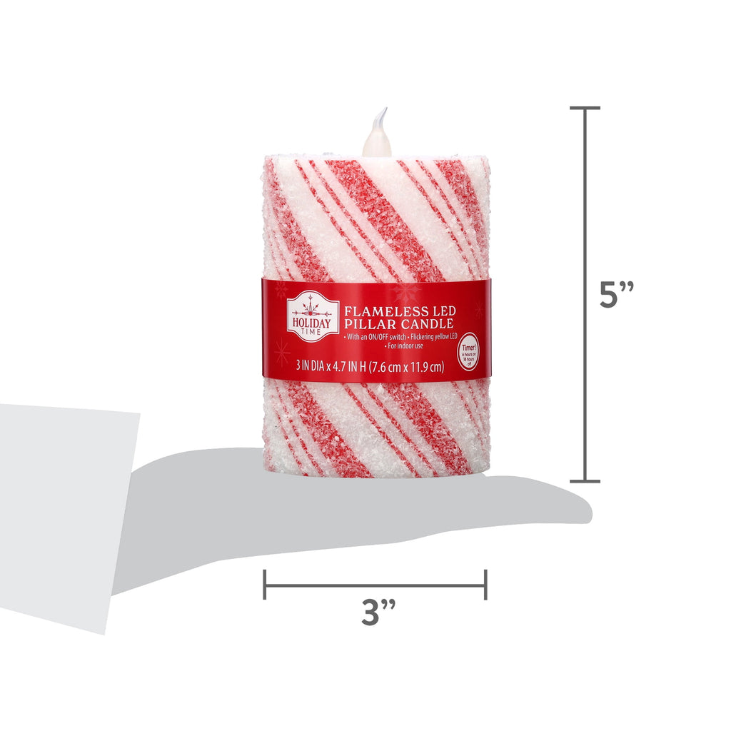 Indoor Battery-Operated LED Plastic Flameless Candy Cane Christmas Pillar Candle, Red and White, 4.7", by Holiday Time