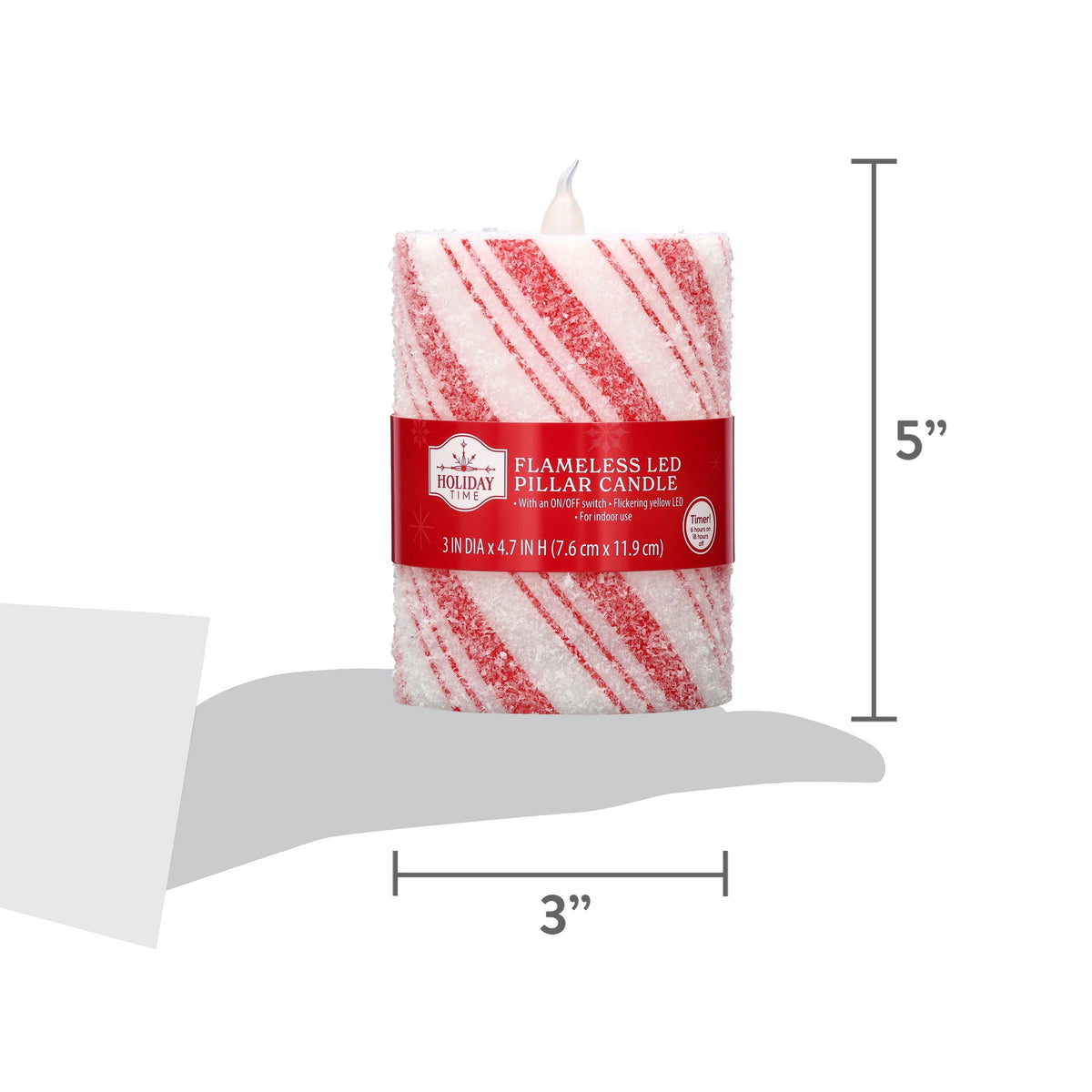 Indoor Battery-Operated LED Plastic Flameless Candy Cane Christmas Pillar Candle, Red and White, 4.7", by Holiday Time