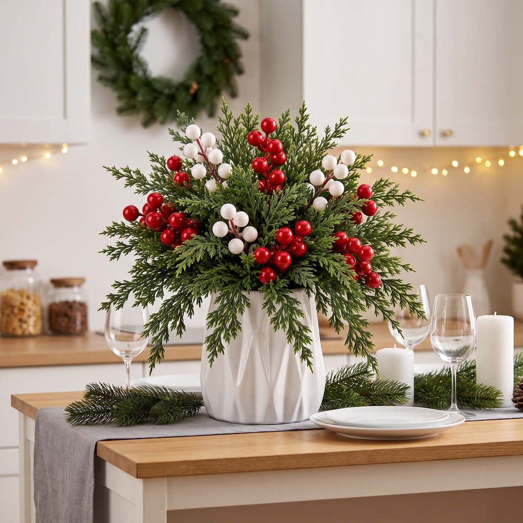 Ayieyill 39 Pack Artificial Pine Branches, 13.5 Inch Christmas Greenery Stems with Red & White Berries for Vase DIY Christmas Decorations Indoor