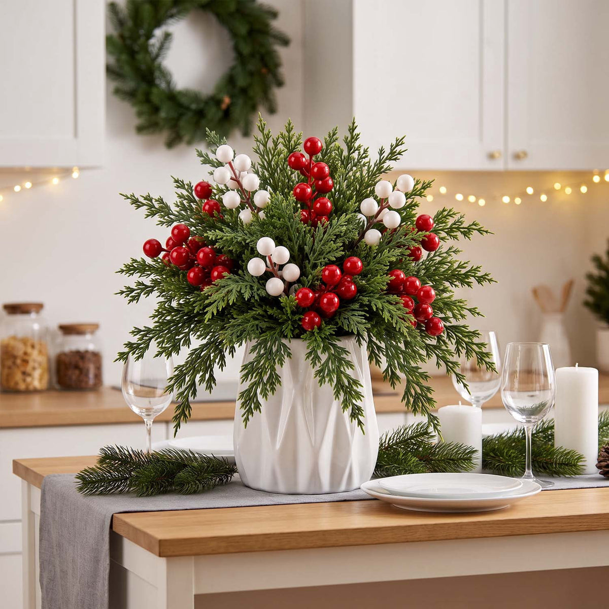 Ayieyill 39 Pack Artificial Pine Branches, 13.5 Inch Christmas Greenery Stems with Red & White Berries for Vase DIY Christmas Decorations Indoor