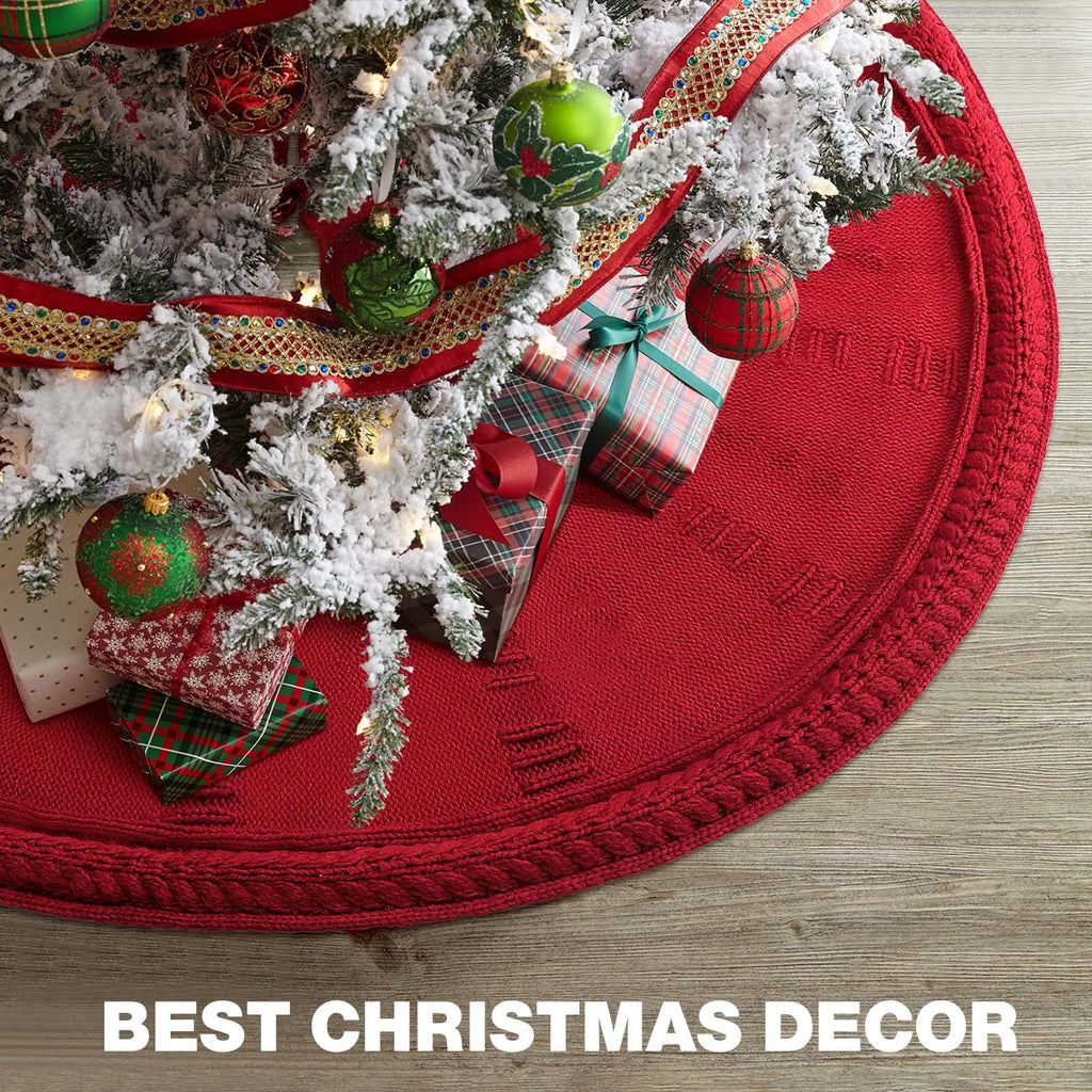 Ayieyill Christmas Tree Skirt, 48 inches Cable Knit Knitted Thick Rustic Xmas Tree Skirts Decoration, Red Tree Skirt Christmas Decoration, Burgundy