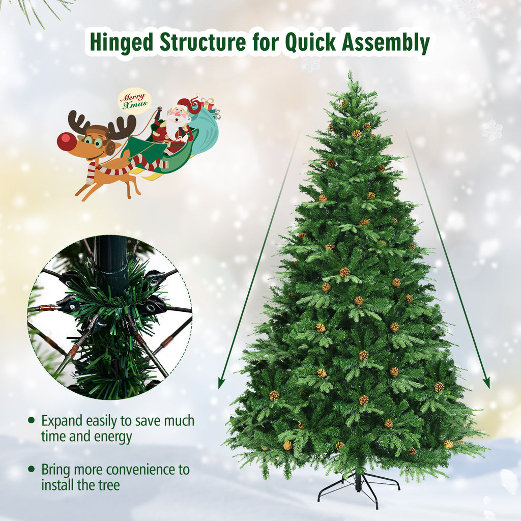 Topbuy 8'PE/PVC Artificial Pine Tree Pre-Lit Christmas Tree w/ 600 LED Lights & Pine Cones