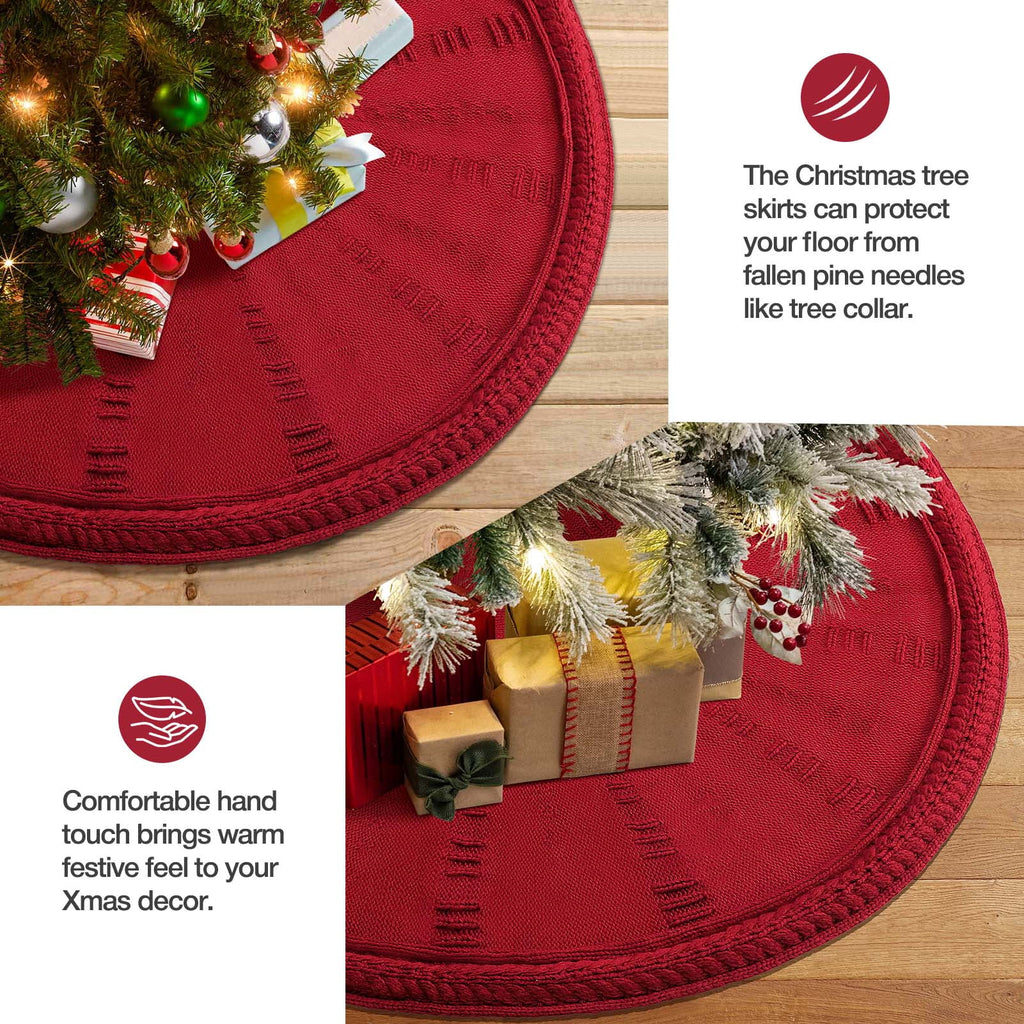 Ayieyill Christmas Tree Skirt, 48 inches Cable Knit Knitted Thick Rustic Xmas Tree Skirts Decoration, Red Tree Skirt Christmas Decoration, Burgundy