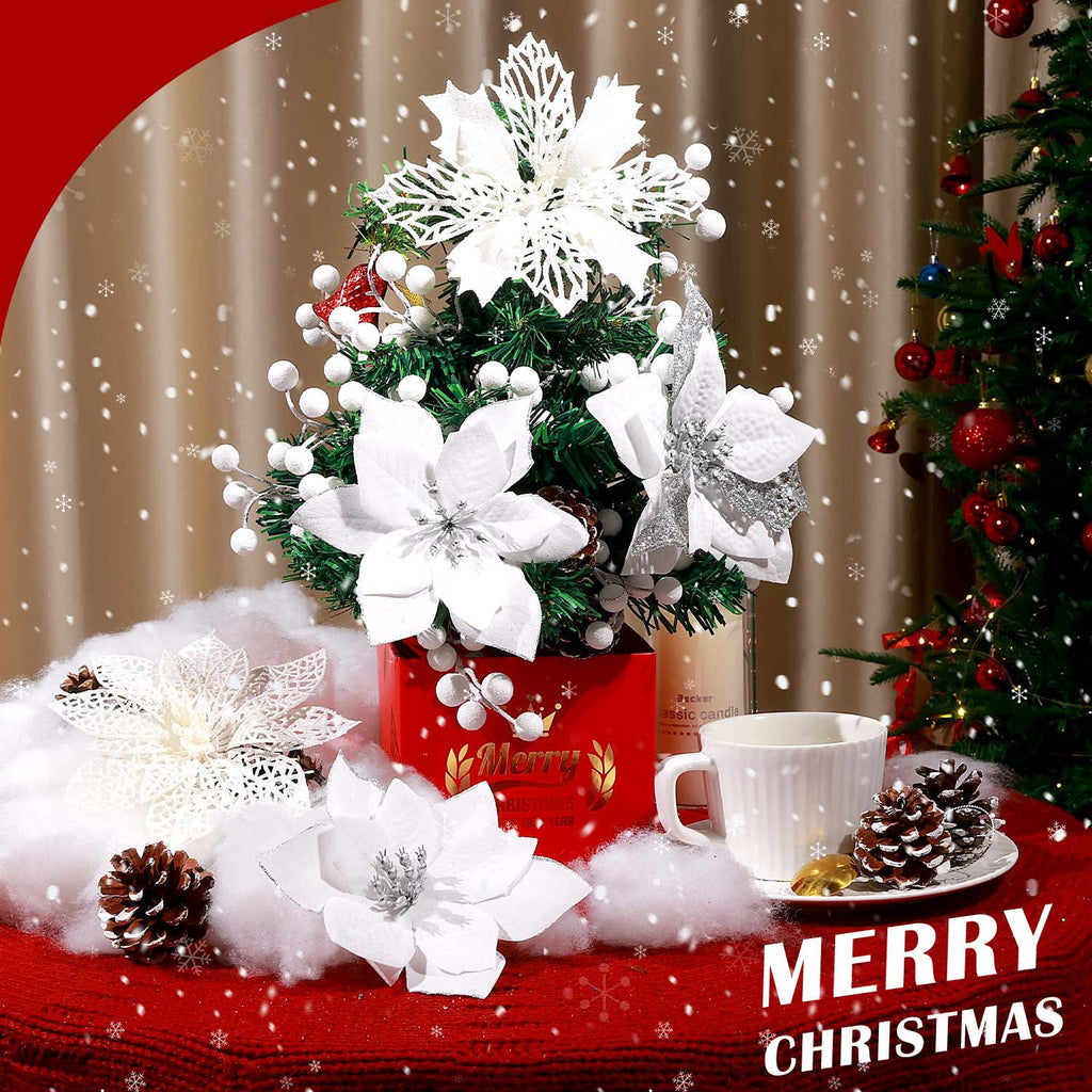 Ayieyill 56Pcs Poinsettia Christmas Flowers Decorations Christmas flower ornaments Artificial Glitter Berry Stems Christmas Pine Cones Christmas Tree Ornaments Set Christmas Tree Decorations (Blue)