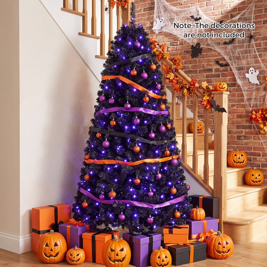 Gymax 6 FT Pre-Lit Black Halloween Christmas Tree Full Artificial Hinged Tree