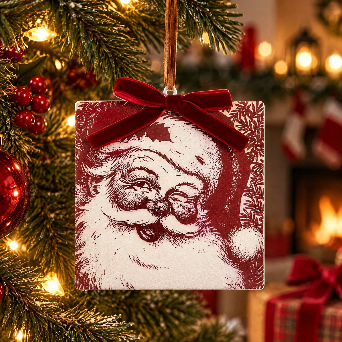 Red and White Metal Santa Square Christmas Ornament, 4.8", by Holiday Time