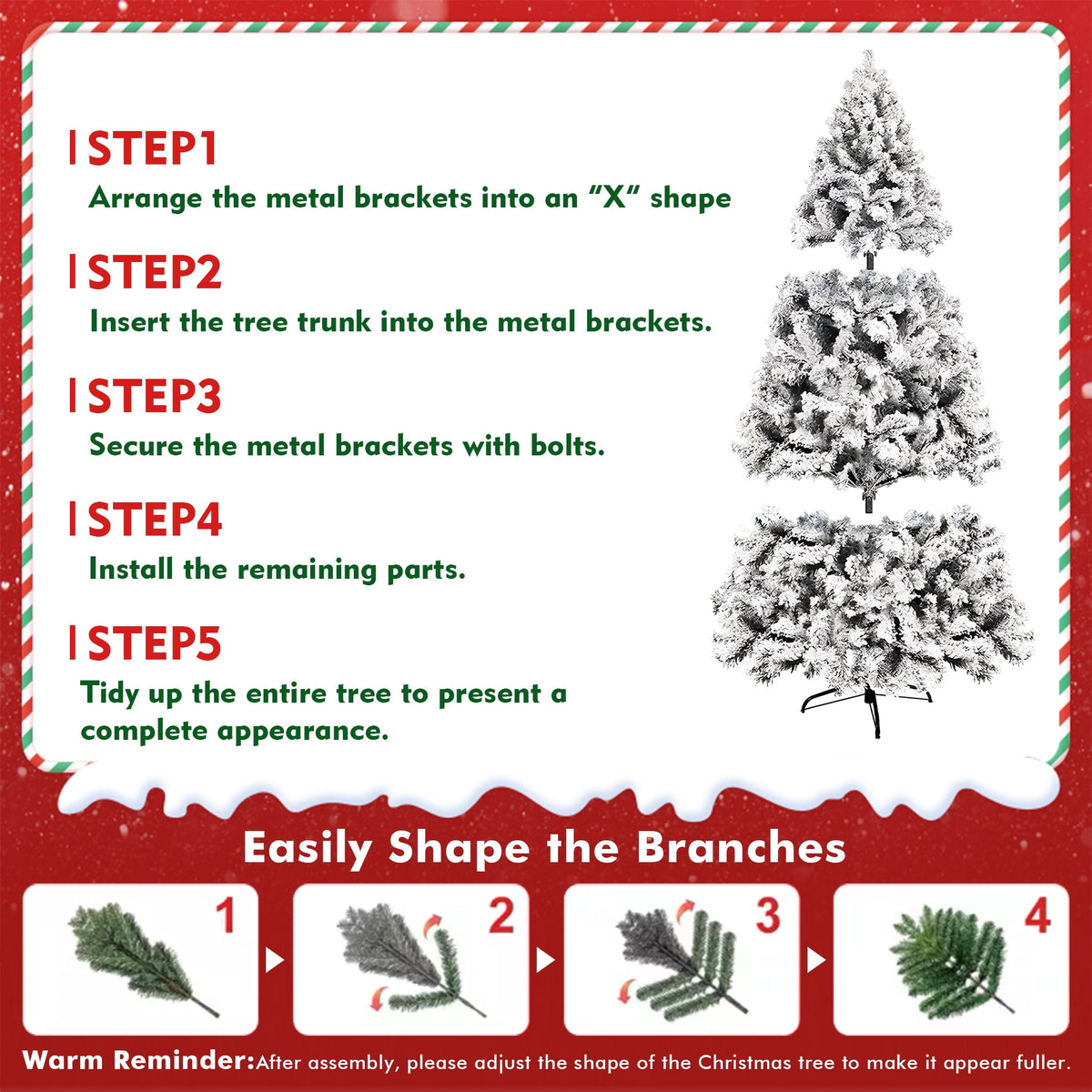 DAYBETTER 6ft Artificial Christmas Tree, Snow Flocked Christmas Pine Tree, with 210 Warm White Lights, 627 White Tips Branch, Includes Metal Stand for Xmas Holiday, Indoor and Outdoor Decor