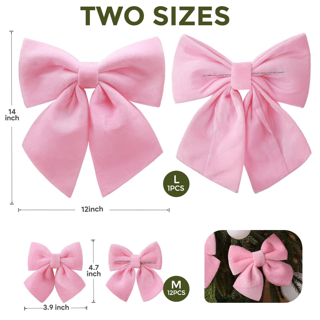 Ayieyill 13 Pack Coquette Pink Bows for Christmas Tree, Large Velvet Christmas Bows for Wreaths Tree Fireplace Indoor Decor