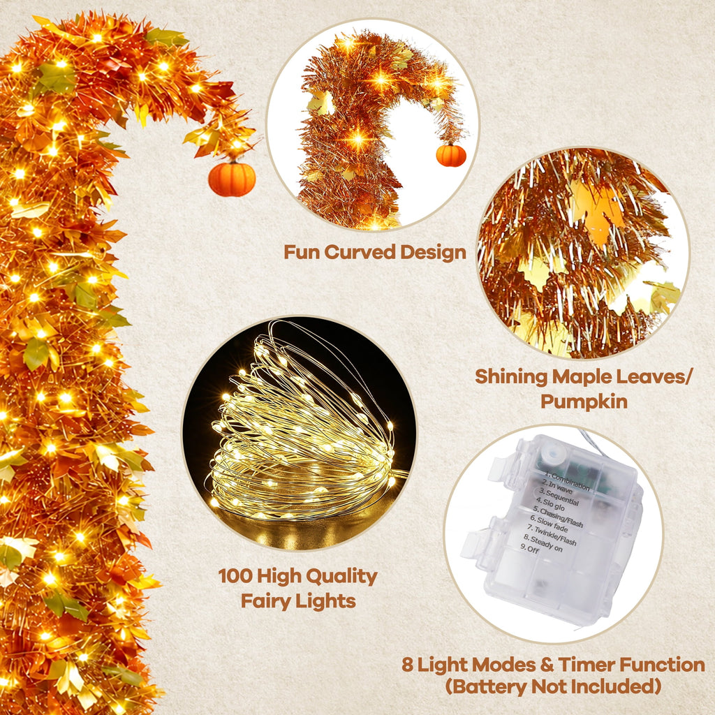 6FT Slim Pop Up Halloween Thanksgiving Tree with Fairy Lights Harvest Tree with Maple Leaves Pumpkins Foldable Collapsible Pencil Fall Tree for Outdoor Porch Patio Deck Living Room Decor