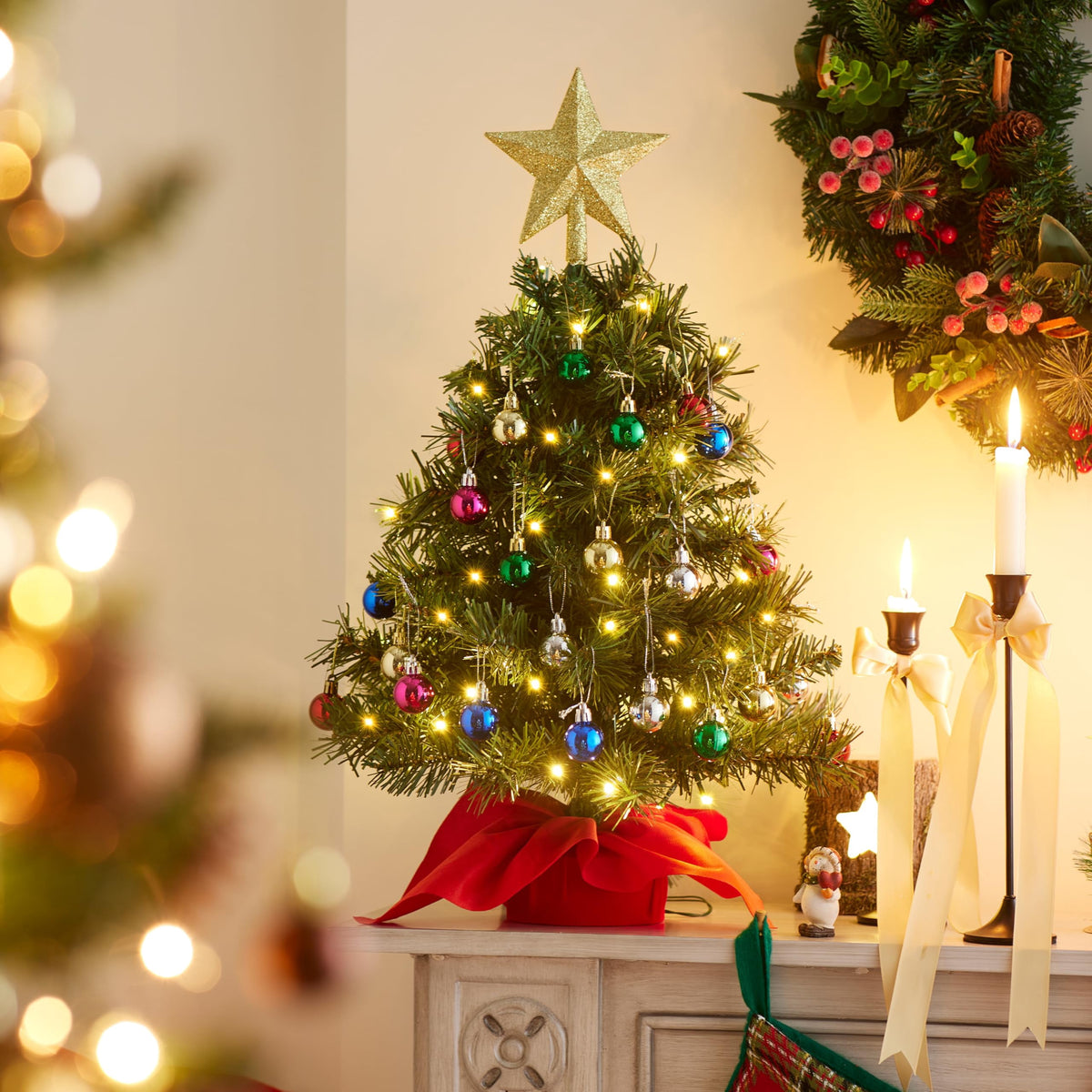 Joyfy 24"/2.4 FT Tabletop Small Christmas Tree with Lights, Prelit Artificial Mini Xmas Tree Set with Star and Ornaments for Party Decorations