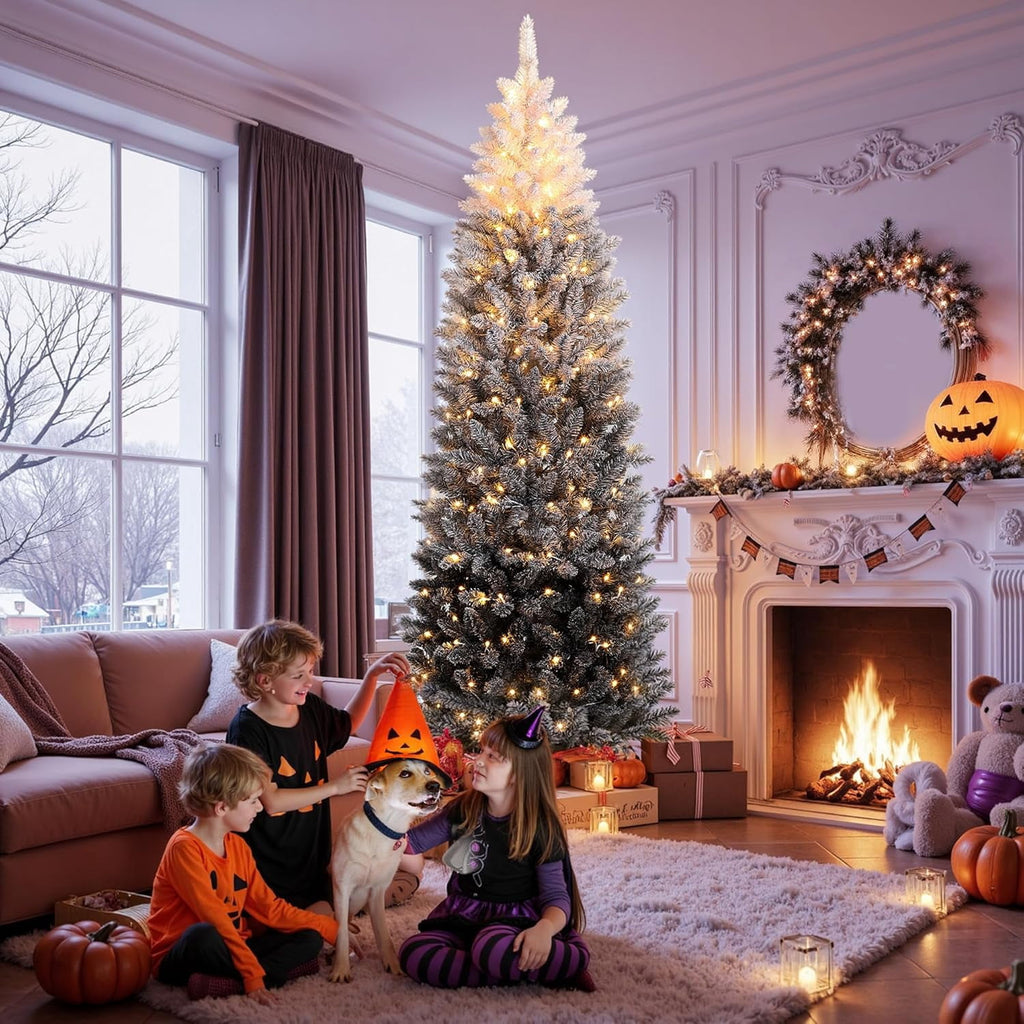 4.5/6/7.5/9 ft Flocked Pencil Christmas Tree with 100 Lights, Pre Lit Tall Skinny Christmas Tree with PVC Branch Tips, Premium Hinged Xmas Tree with Metal Base, Slim Artificial Christmas Tree