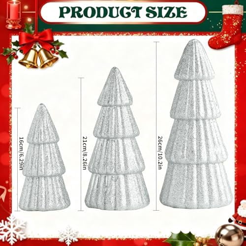 3 Piece Silver Glitter Artificial Christmas Tree Decorations Foam Tabletop Trees for Mantel and Holiday Party Decor