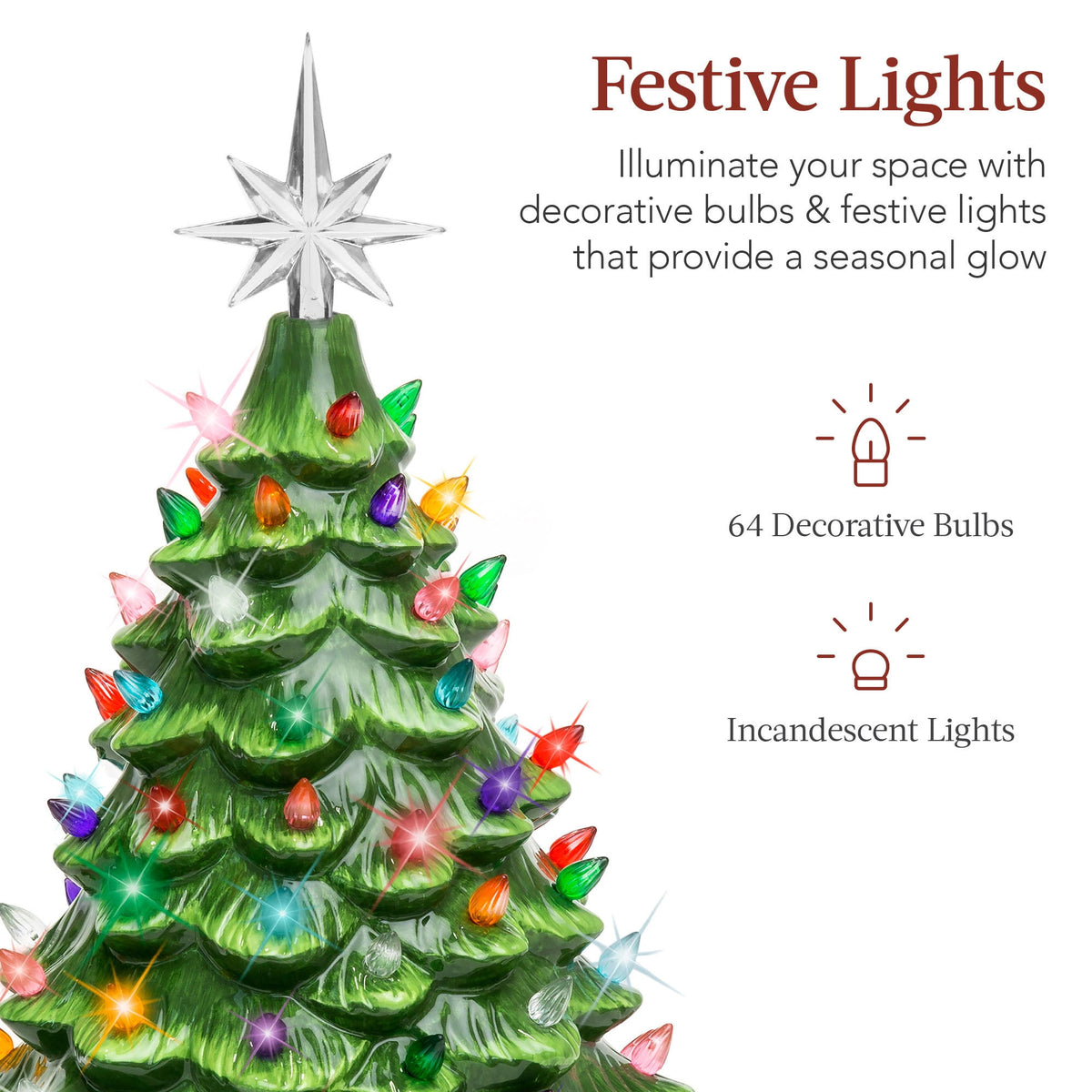 Best Choice Products 15in Ceramic Christmas Tree, Pre-lit Hand-Painted Tabletop Holiday Tree, Gingerbread Red/White/Grn