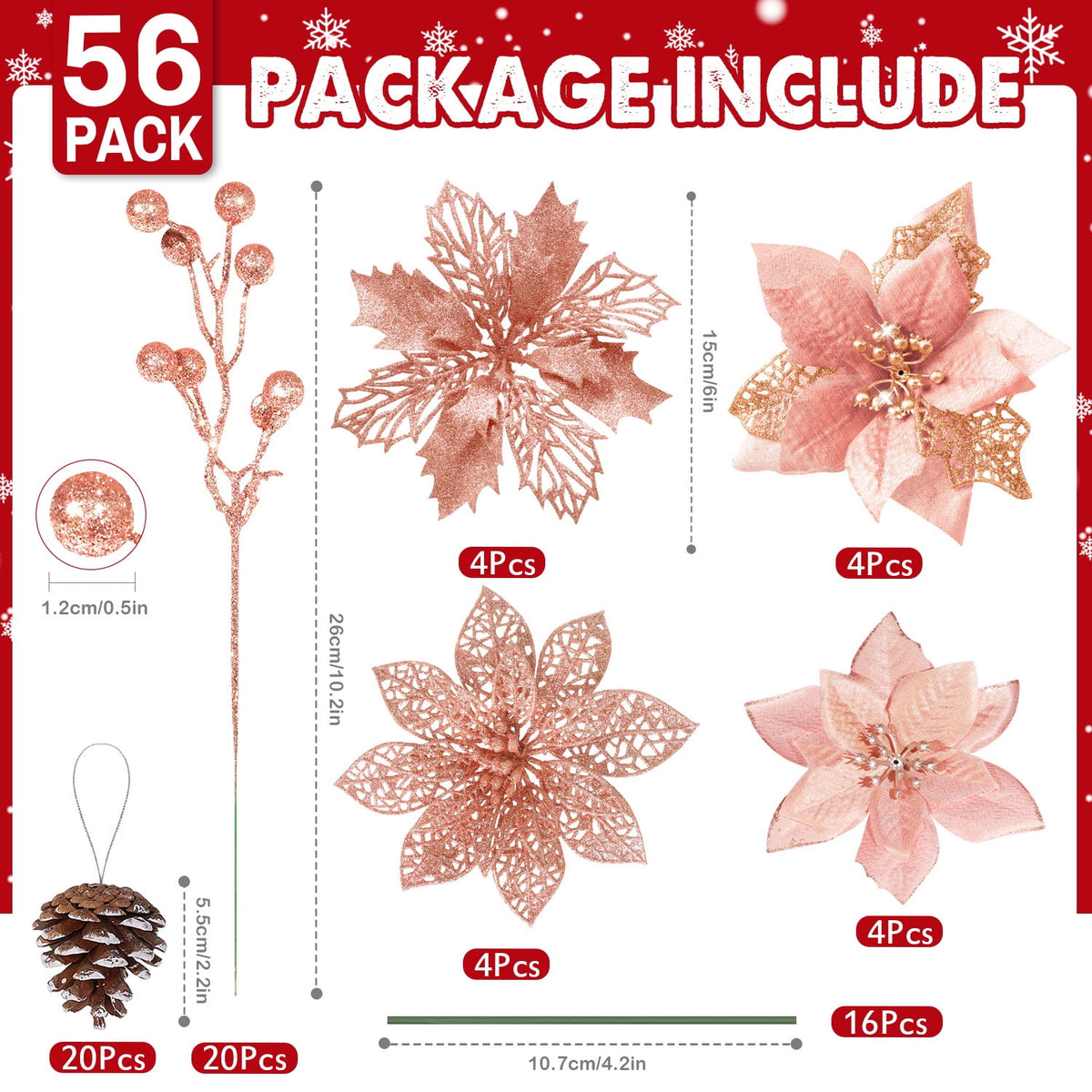 Ayieyill 56Pcs Poinsettia Christmas Flowers Decorations Christmas flower ornaments Artificial Glitter Berry Stems Christmas Pine Cones Christmas Tree Ornaments Set Christmas Tree Decorations (Pink)