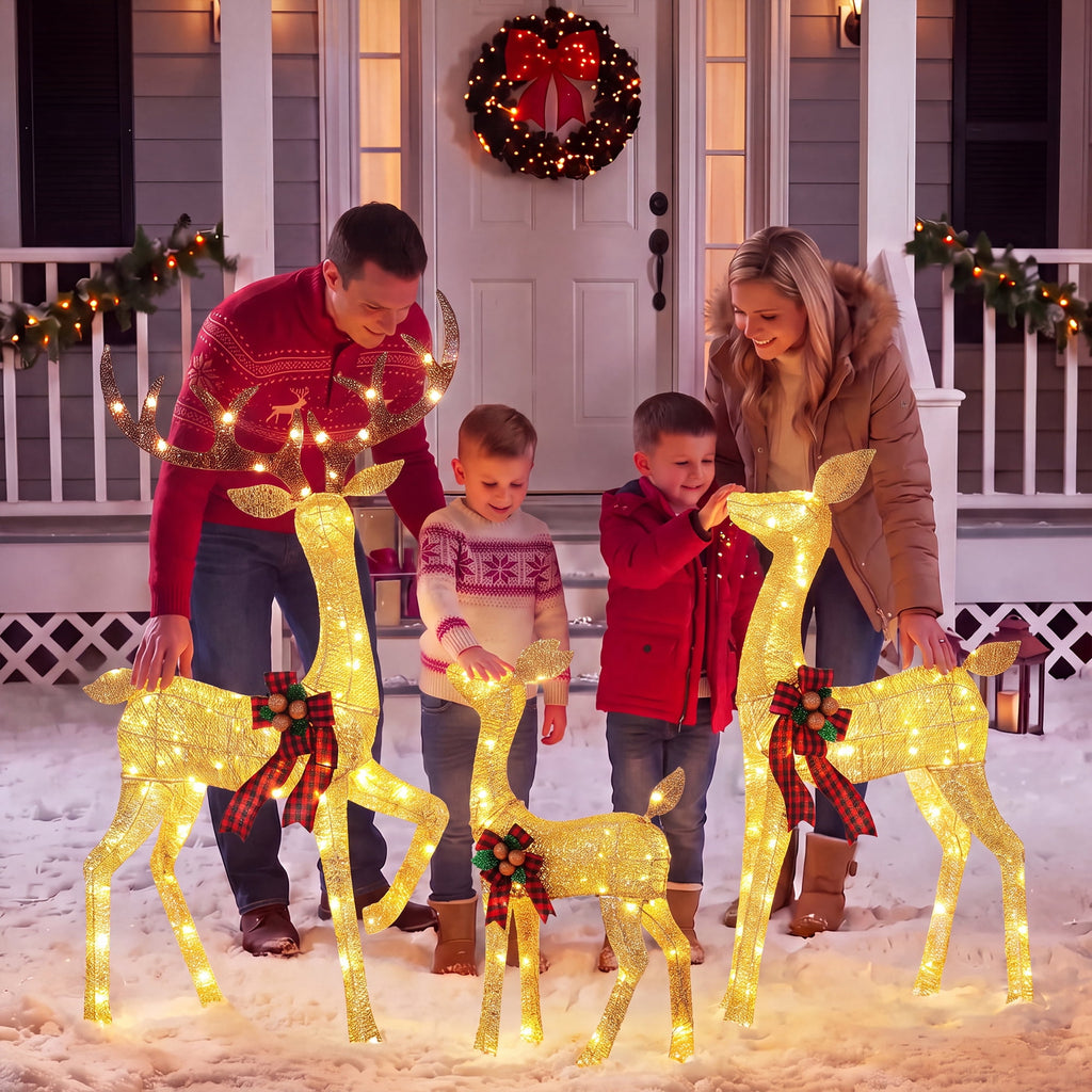 FOOWIN 3-Piece Large Christmas Deer Family, Lighted Outdoor Christmas Decoration, Champagne Gold
