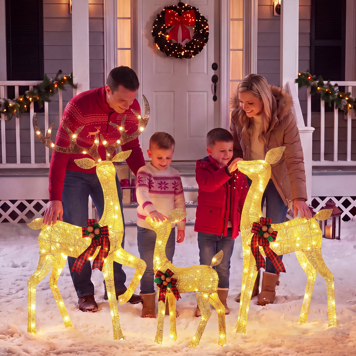 FOOWIN 3-Piece Large Christmas Deer Family, Lighted Outdoor Christmas Decoration, Champagne Gold