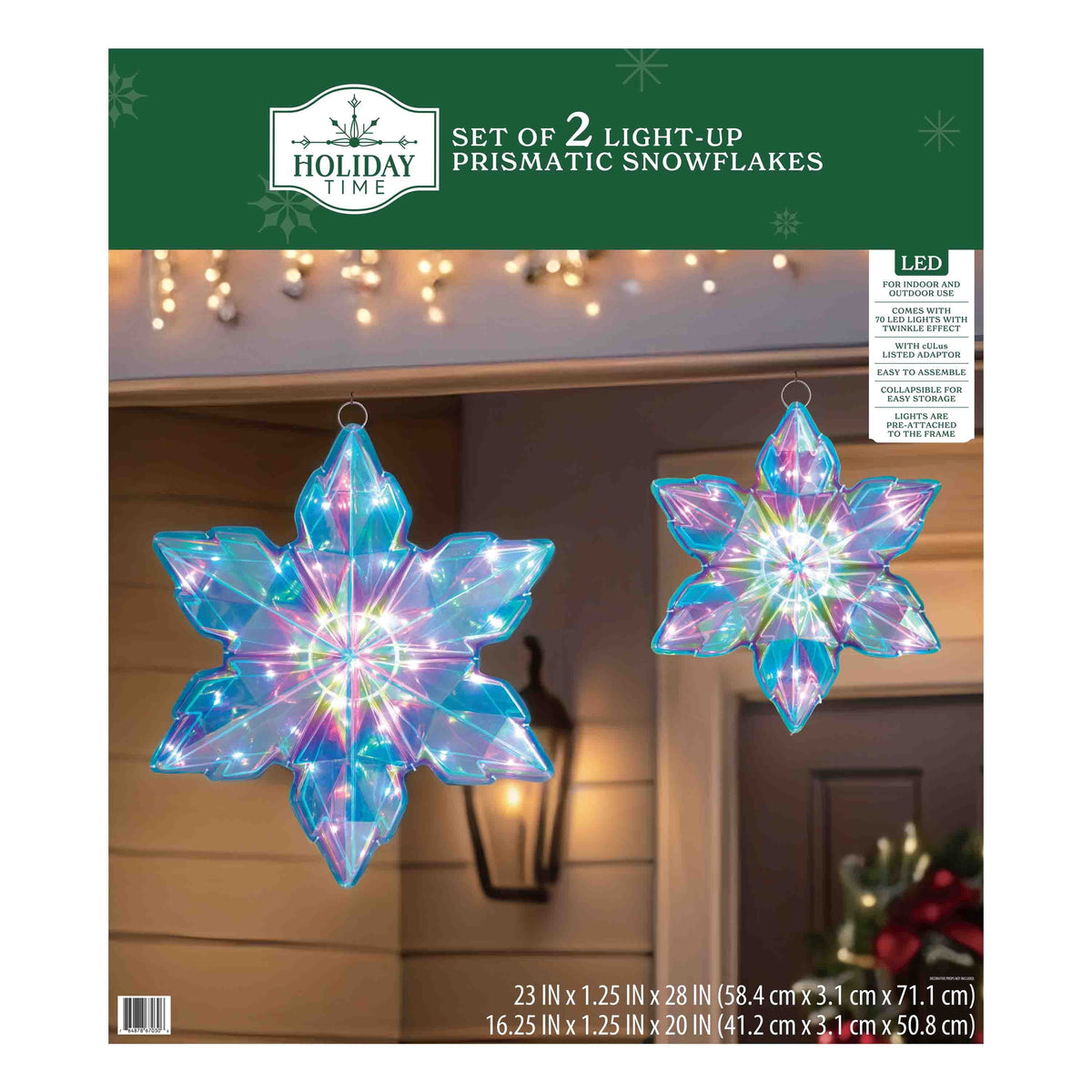 Indoor/Outdoor LED Prismatic Snowflakes Christmas Decoration with 70 LED Lights, Cool White, Set of 2, by Holiday Time