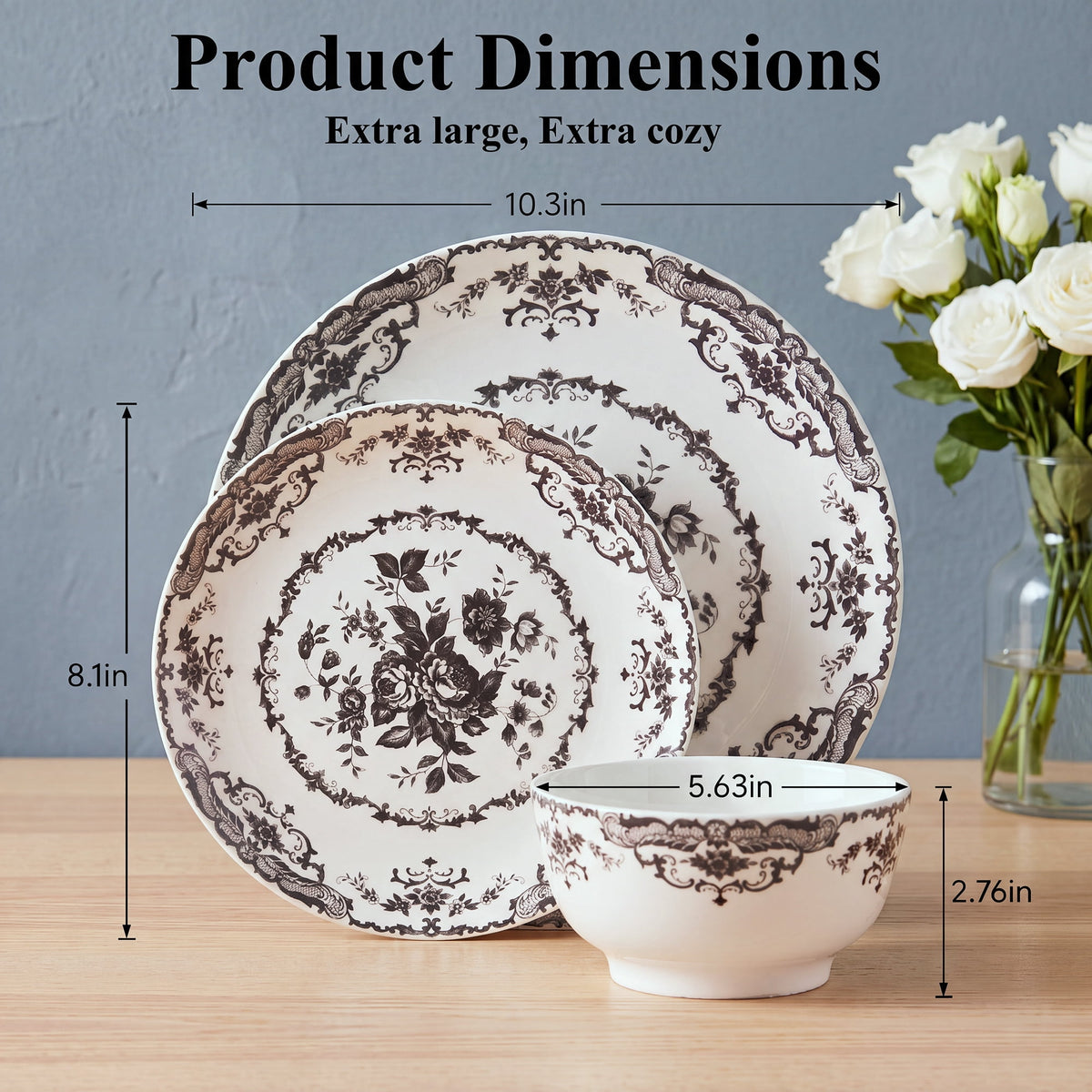 Onader 12 Piece Tableware Set, Rose Floral Dinnerware Set for 4, Ceramic Plates and Bowls Sets for Home Kitchen Restaurant, Scratch Resistant & Microwave Safe, Red