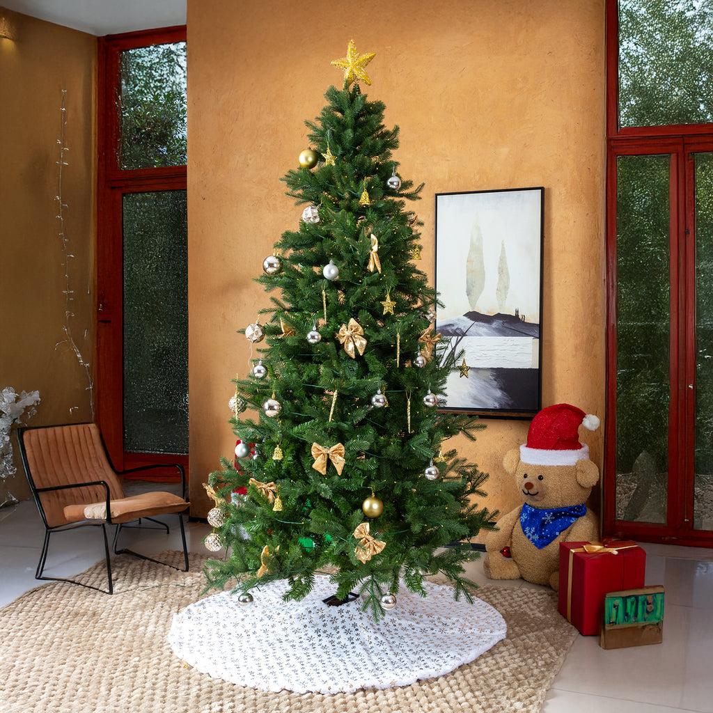 UBesGoo 7.5ft DIY Christmas Tree, Hinged Artificial Pine with 400 Warm LEDs & Golden Ornaments, Includes Tree Skirt, Green