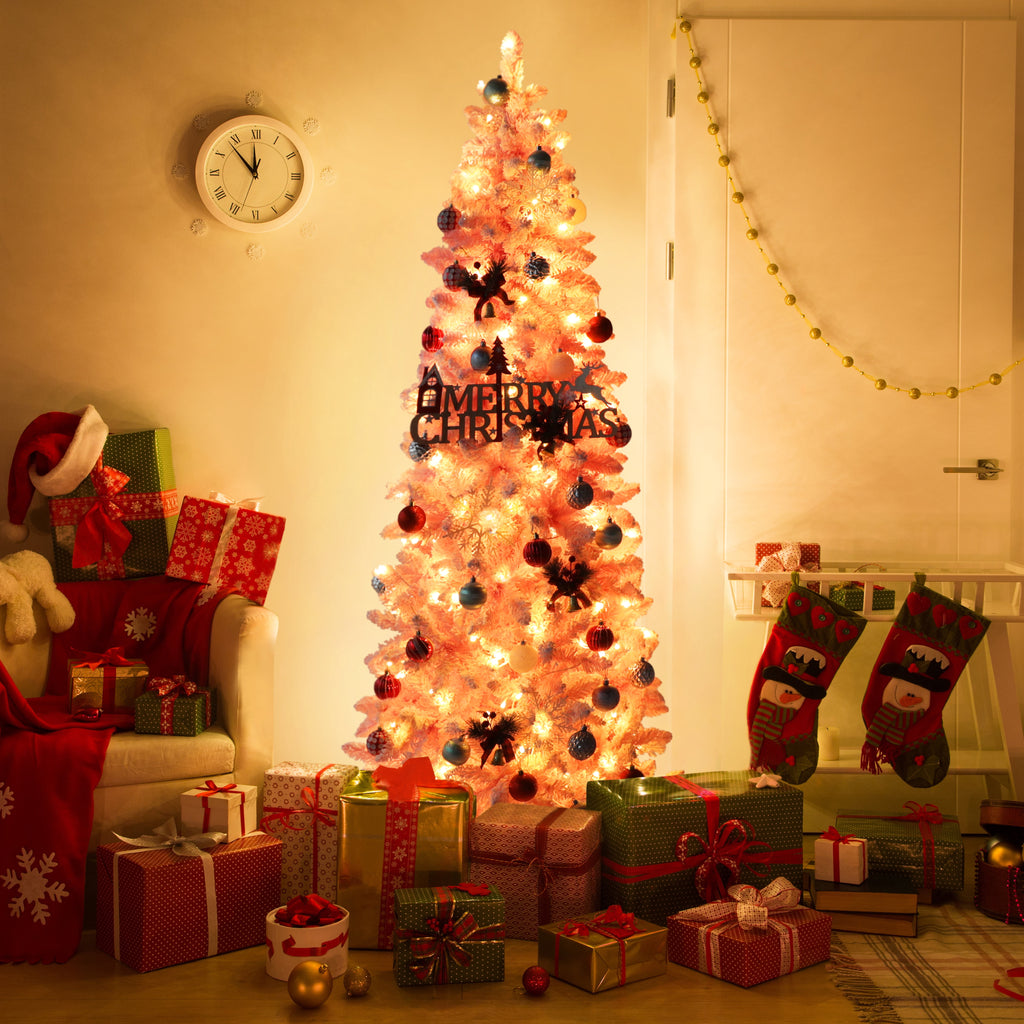 VEIKOUS 6.5ft Pre-lit Pencil Christmas Tree Slim w/250 LED Lights & Metal Stand, Green